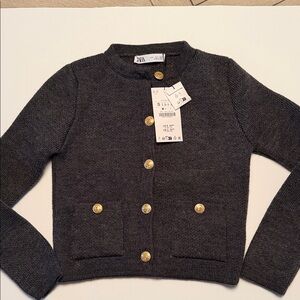Zara Charcoal Knit Cardigan with Gold Accents
